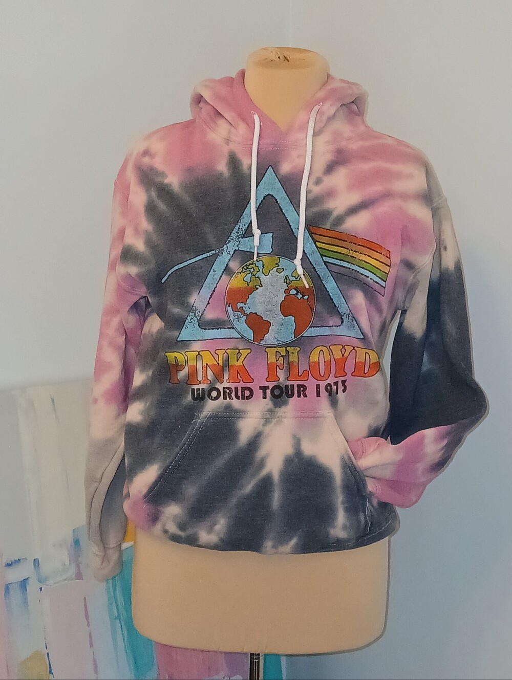 Pink Floyd 1973 World Tour Vintage Repro Graphic Hoodie Pink, Black, Tie Dye